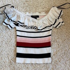 Ruffled Off-Shoulder Striped Top short sleeve crop Black White small forever 21